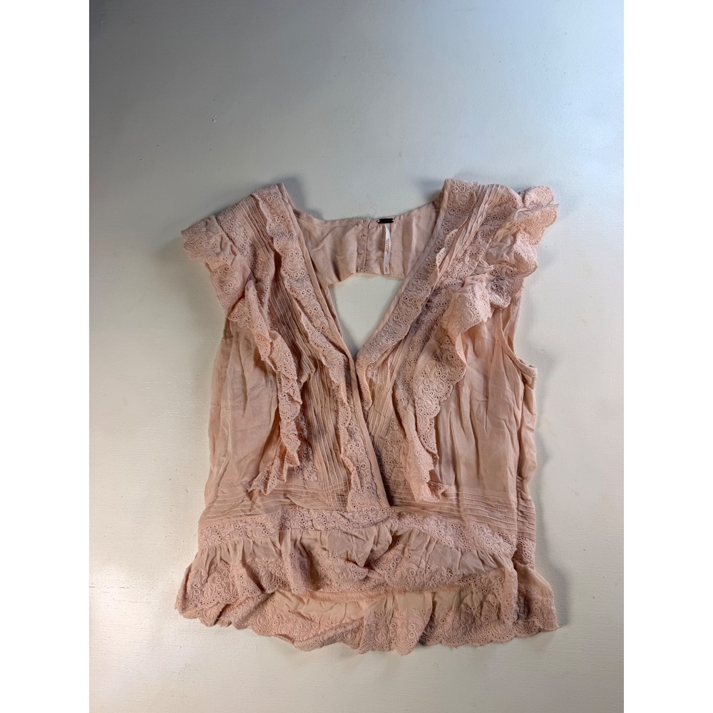Free People Eyelet Ruffle Blouse Womens Small Pink Excellent Boho Surplice Top